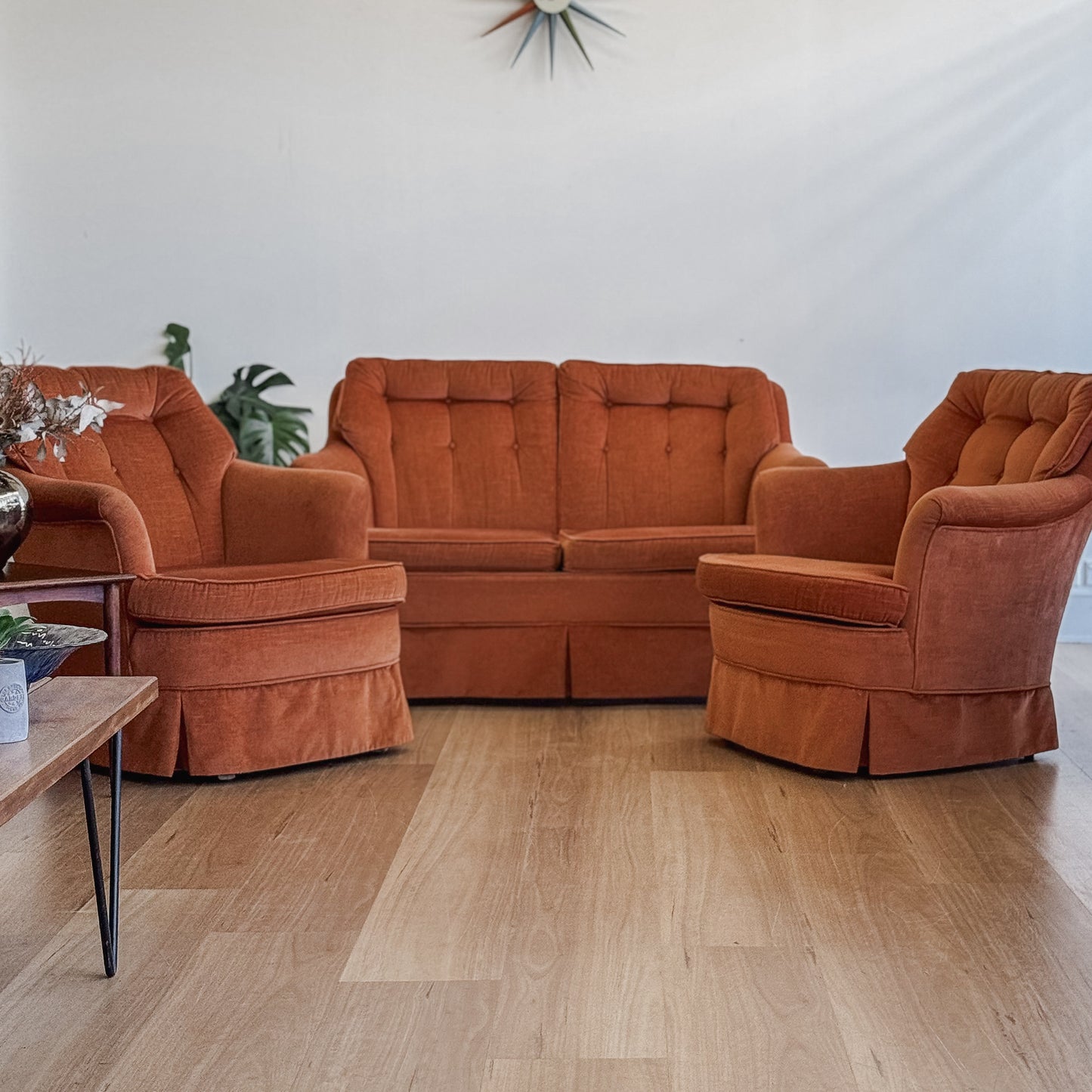 Three piece orange velvet Van Treight lounge suite