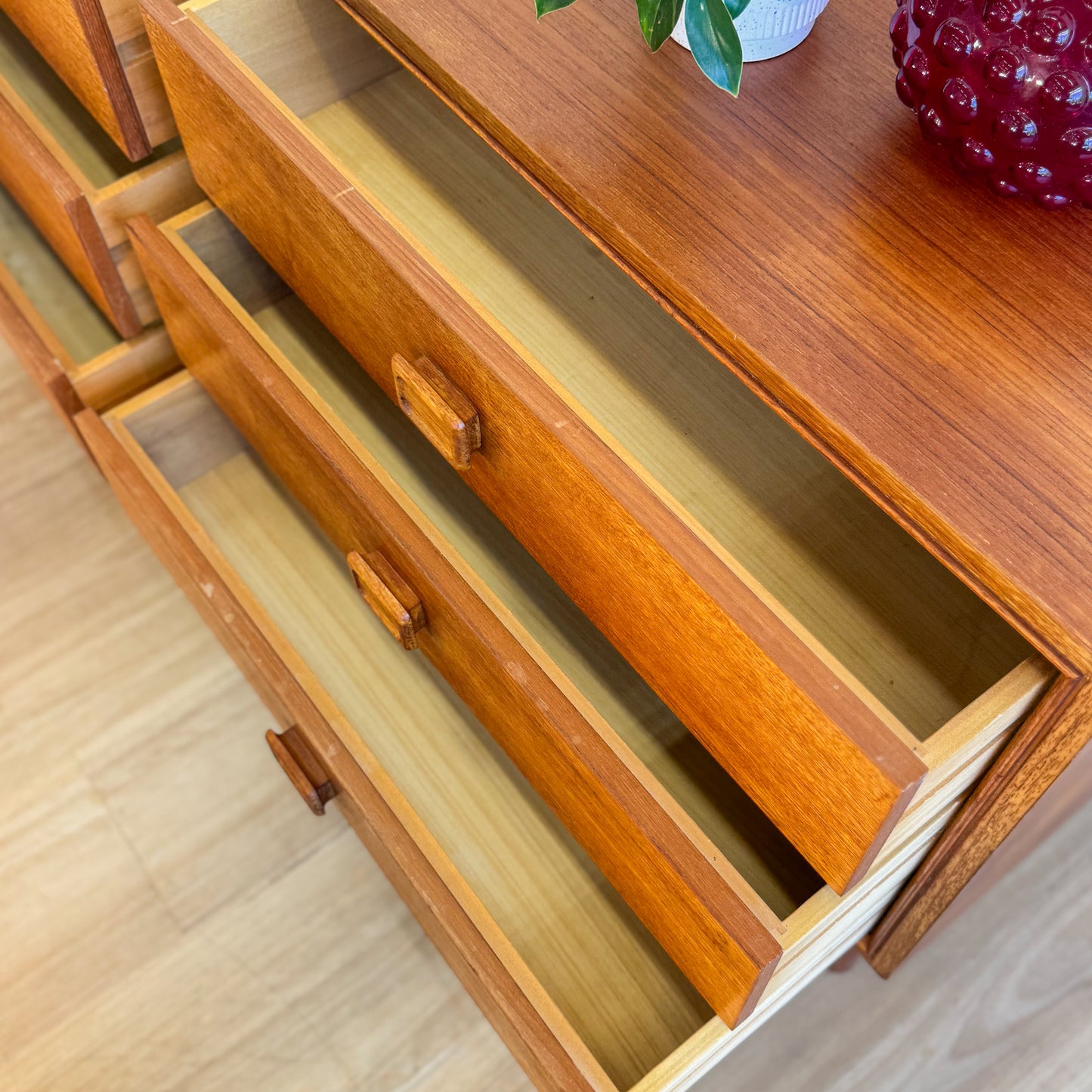 1970s teak Parker square handle chest of drawers