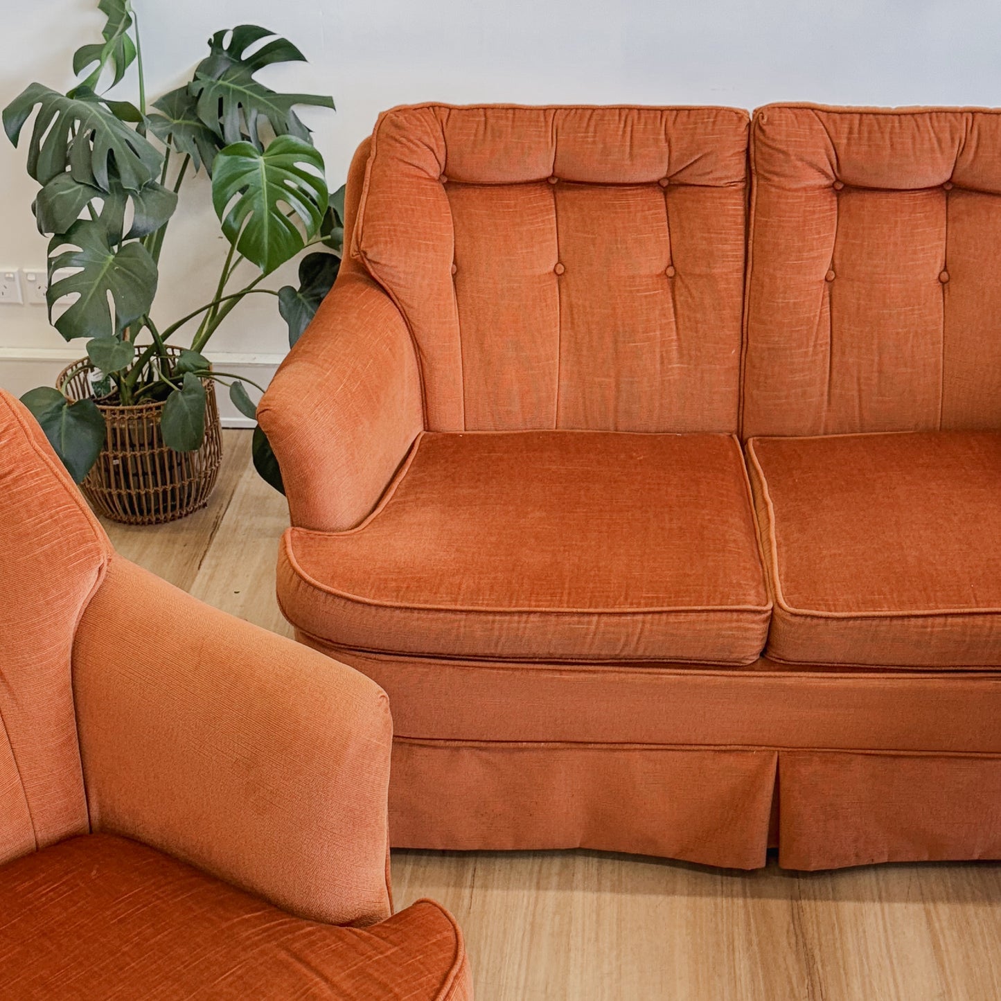 Three piece orange velvet Van Treight lounge suite