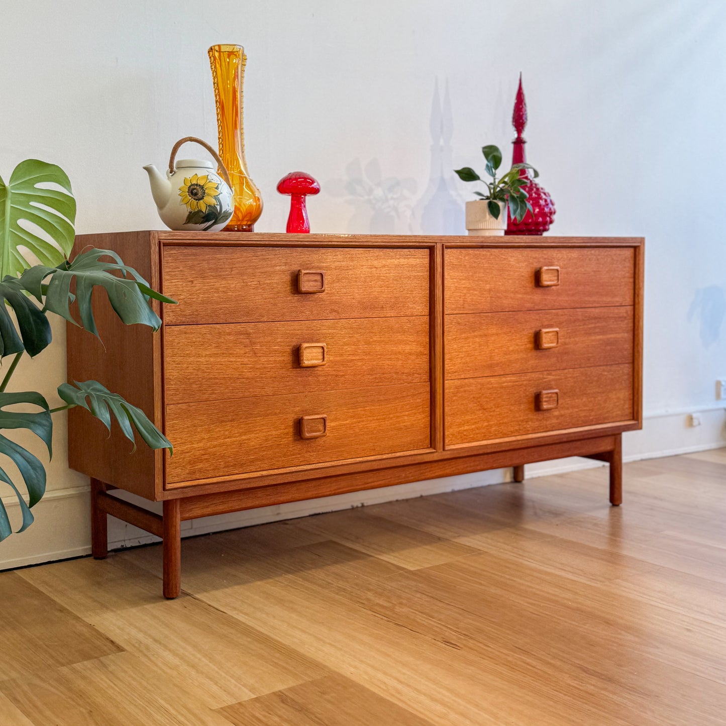 1970s teak Parker square handle chest of drawers