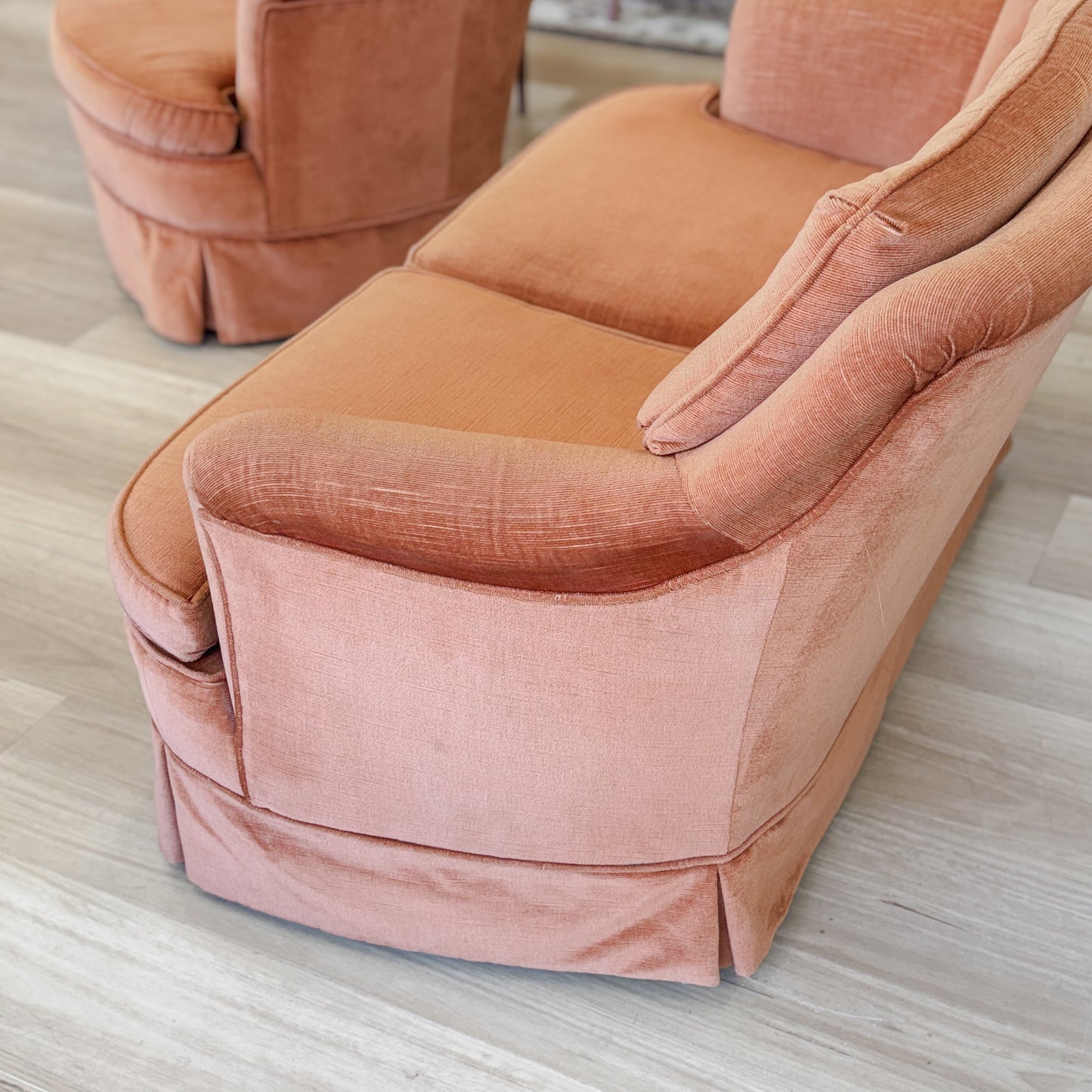 Three piece orange velvet Van Treight lounge suite