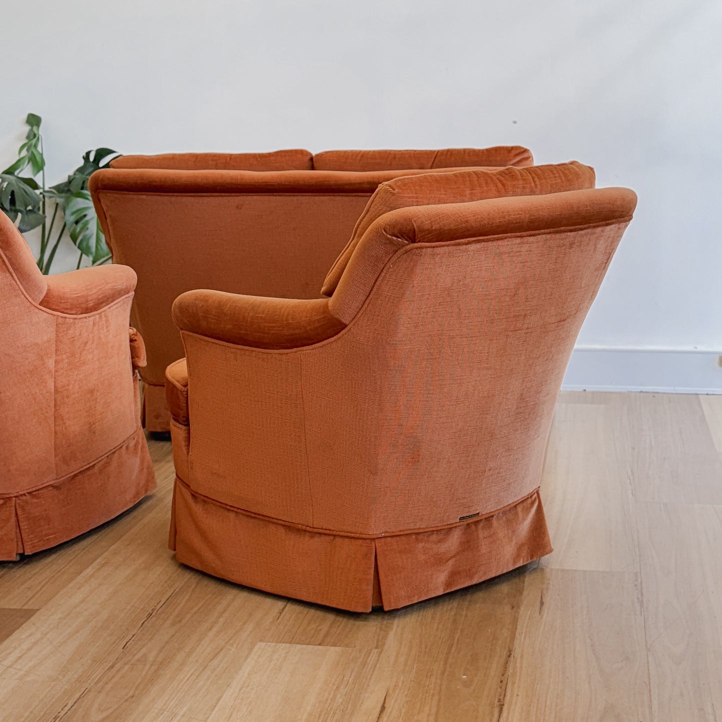 Three piece orange velvet Van Treight lounge suite