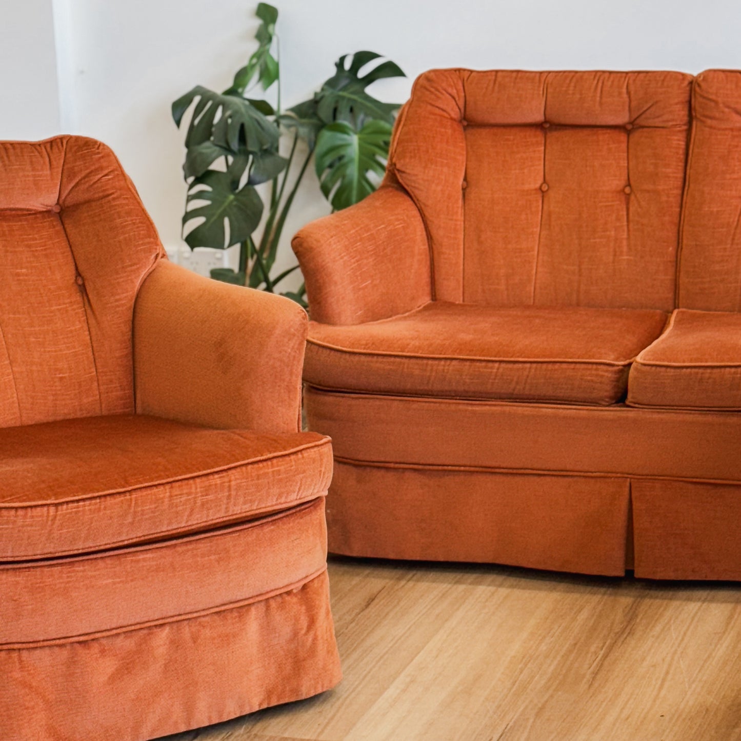 Three piece orange velvet Van Treight lounge suite
