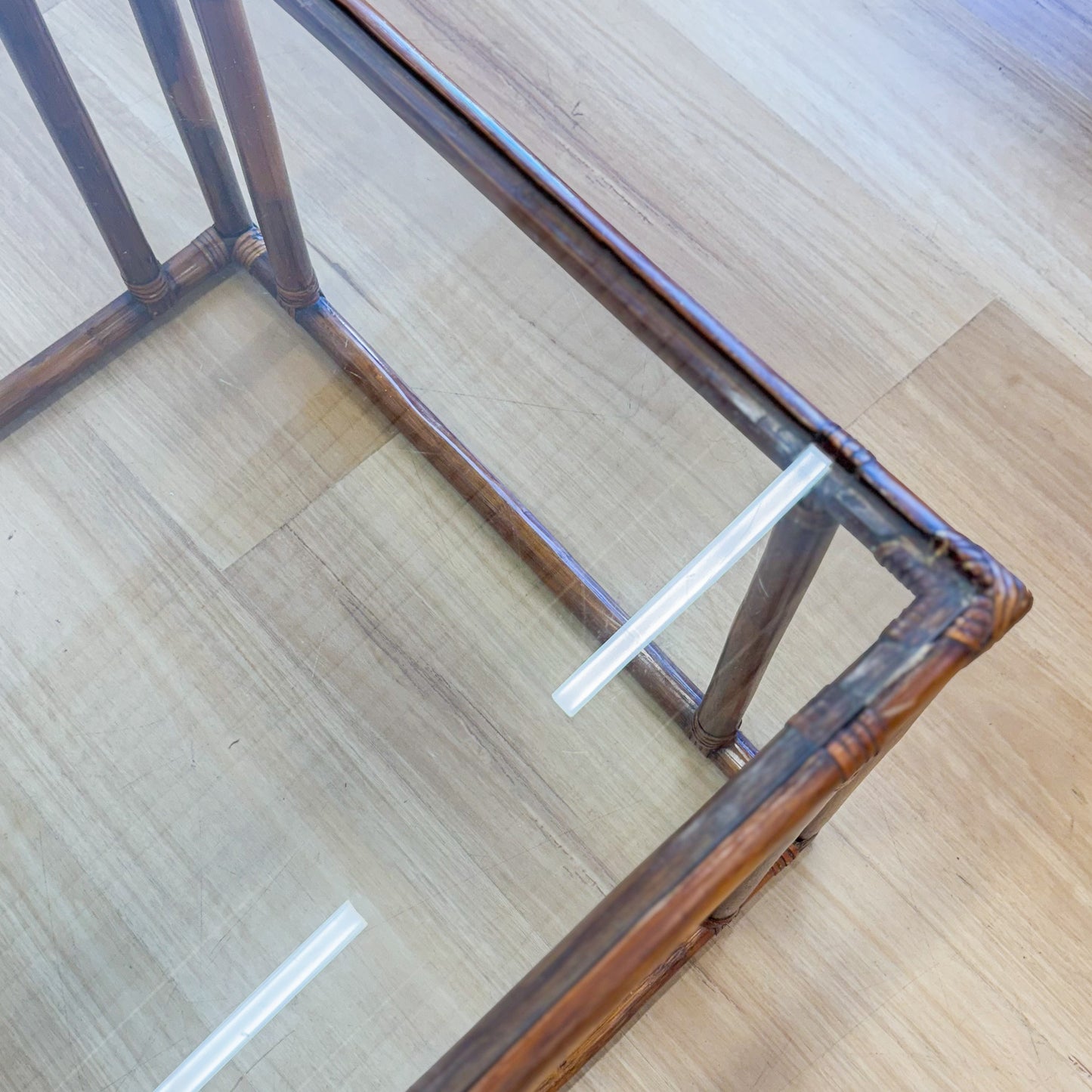 Vintage glass topped cane coffee tables