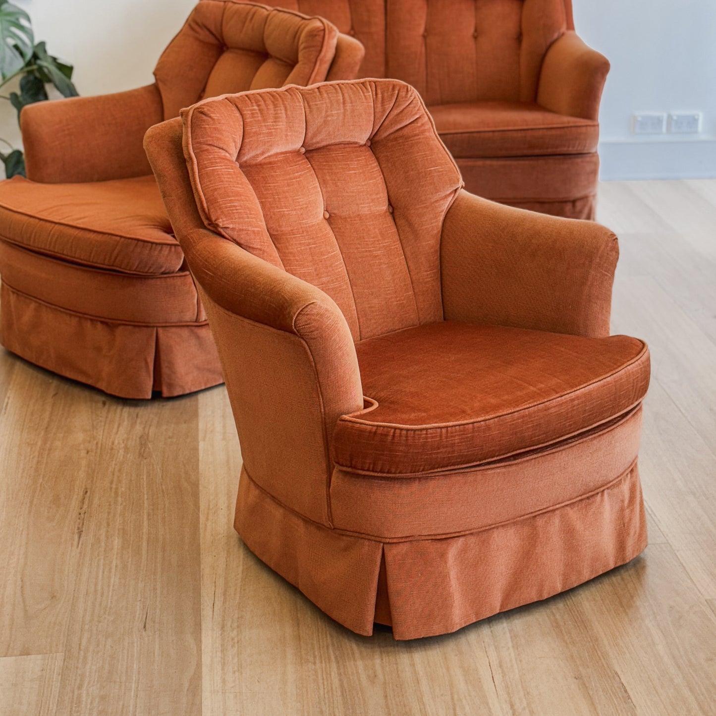 Three piece orange velvet Van Treight lounge suite