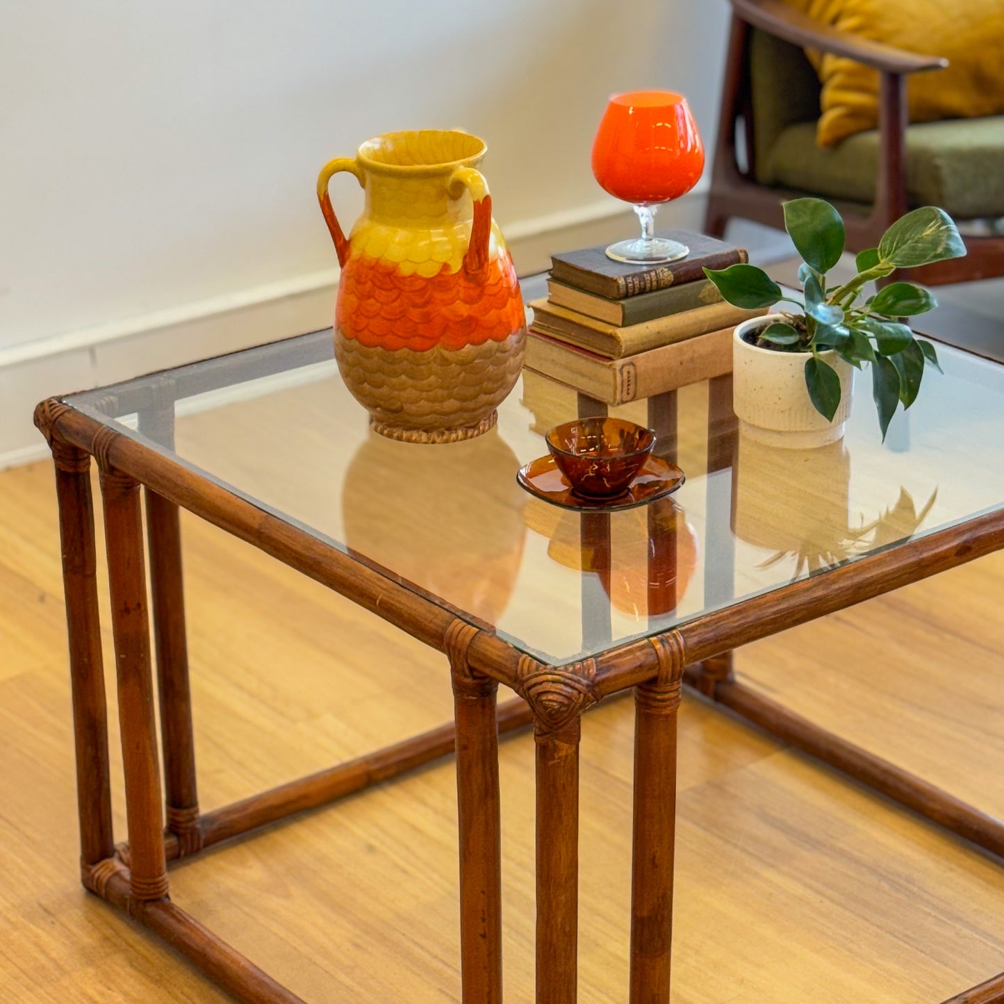 Vintage glass topped cane coffee tables