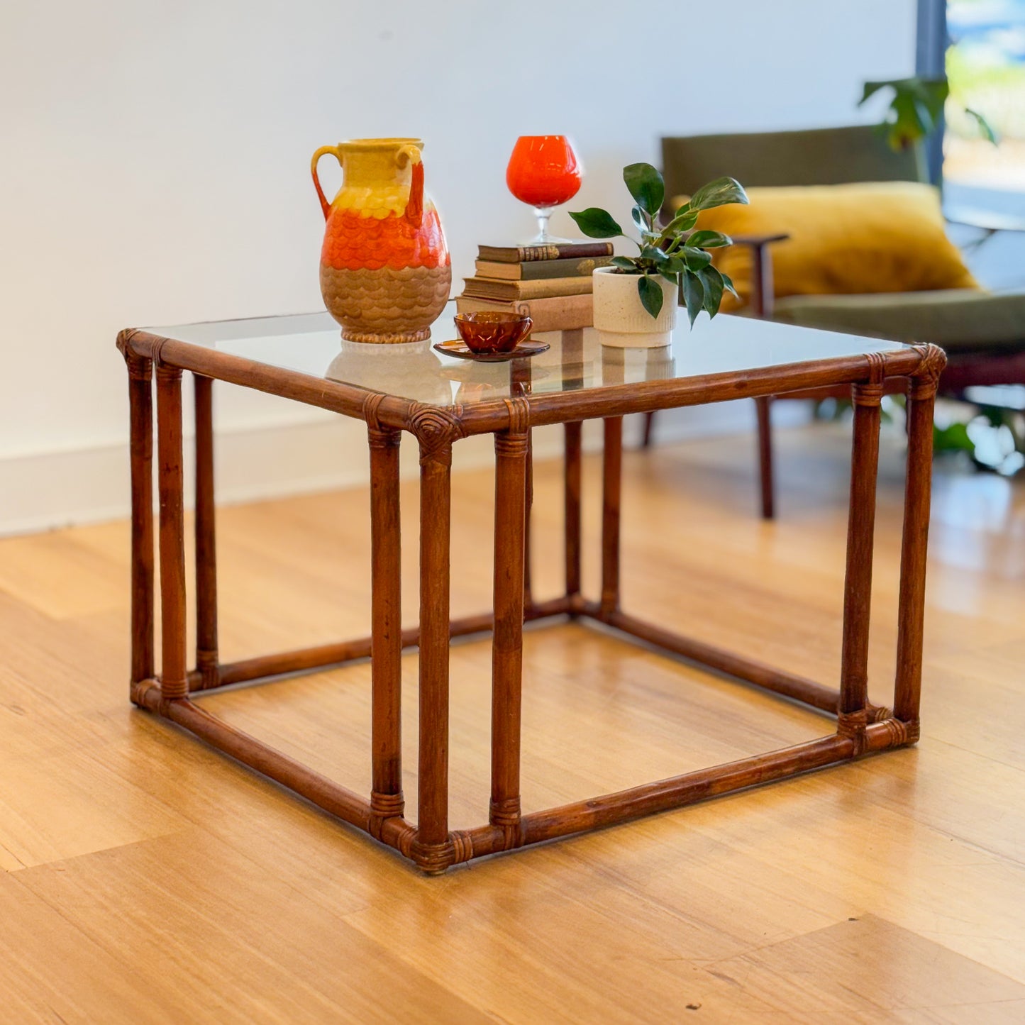 Vintage glass topped cane coffee tables