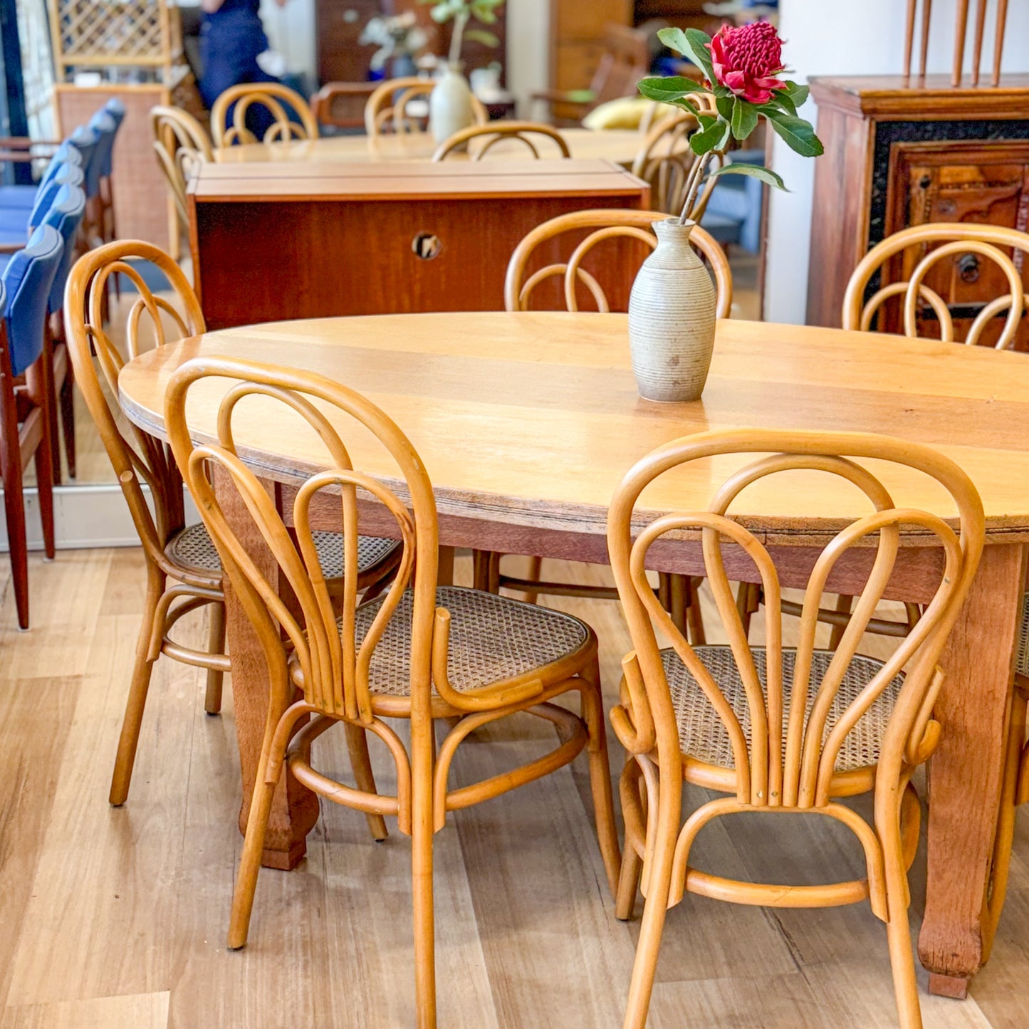 Tasmanian Oak dining table and six bentwood chairs