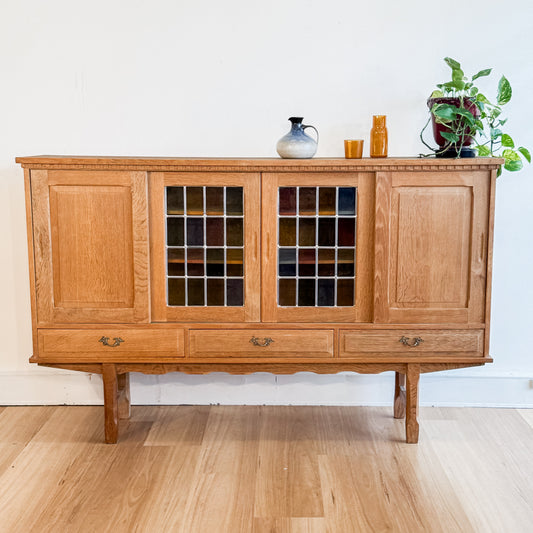 Vintage Danish leadlight oak sideboard