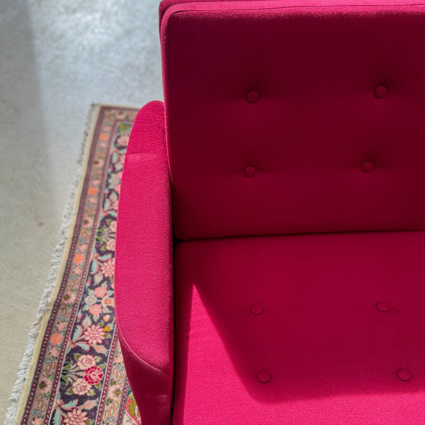 1960s Parker two seater sofa on a sleigh base with exposed dowel detail