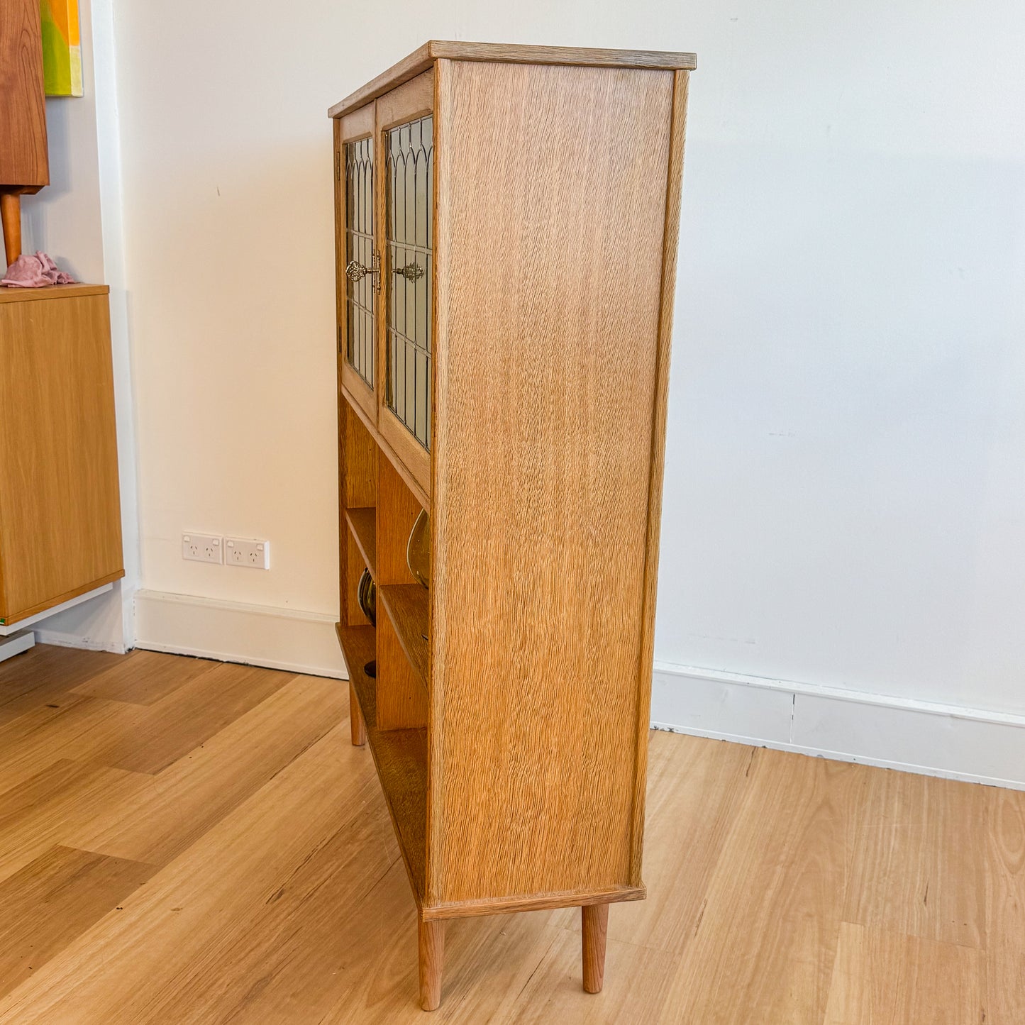 Danish Mid century Oak leadlight bookshelf