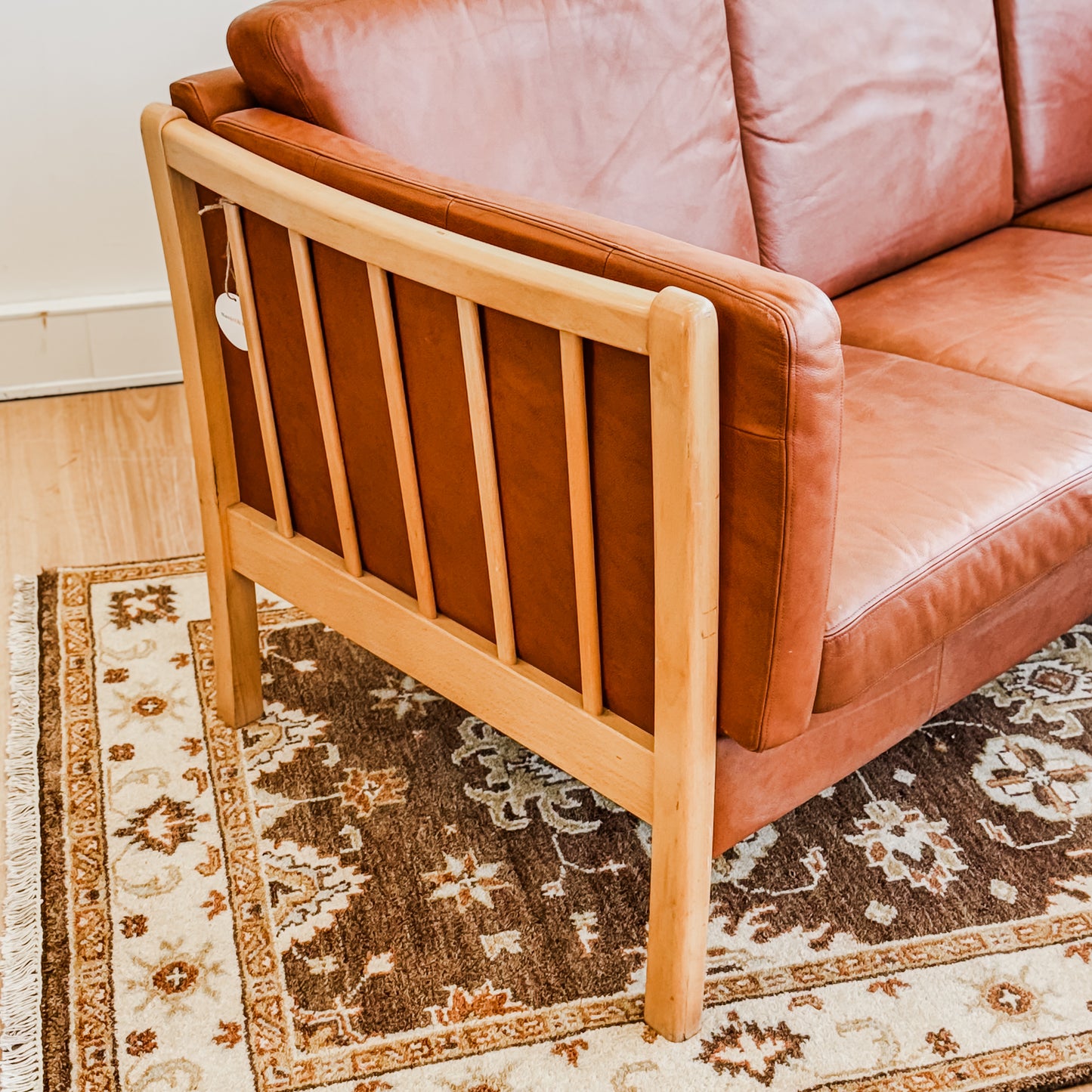 Mid Century Danish beech wood frame leather couch