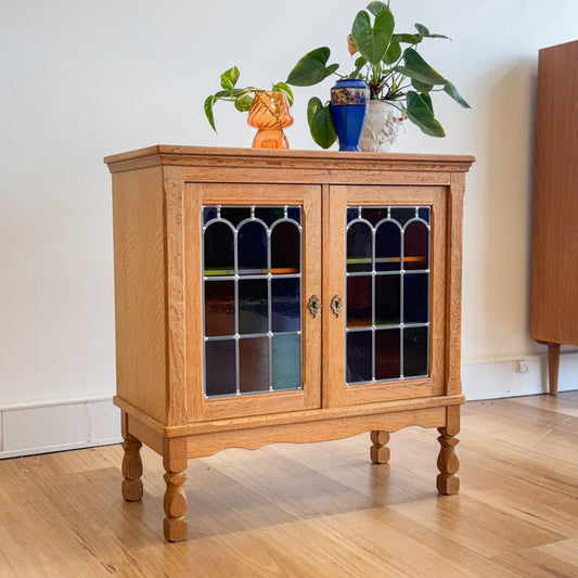 1950s Danish oak lead light cabinet