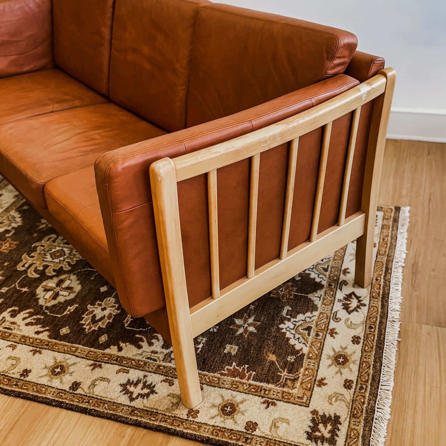 Mid Century Danish beech wood frame leather couch