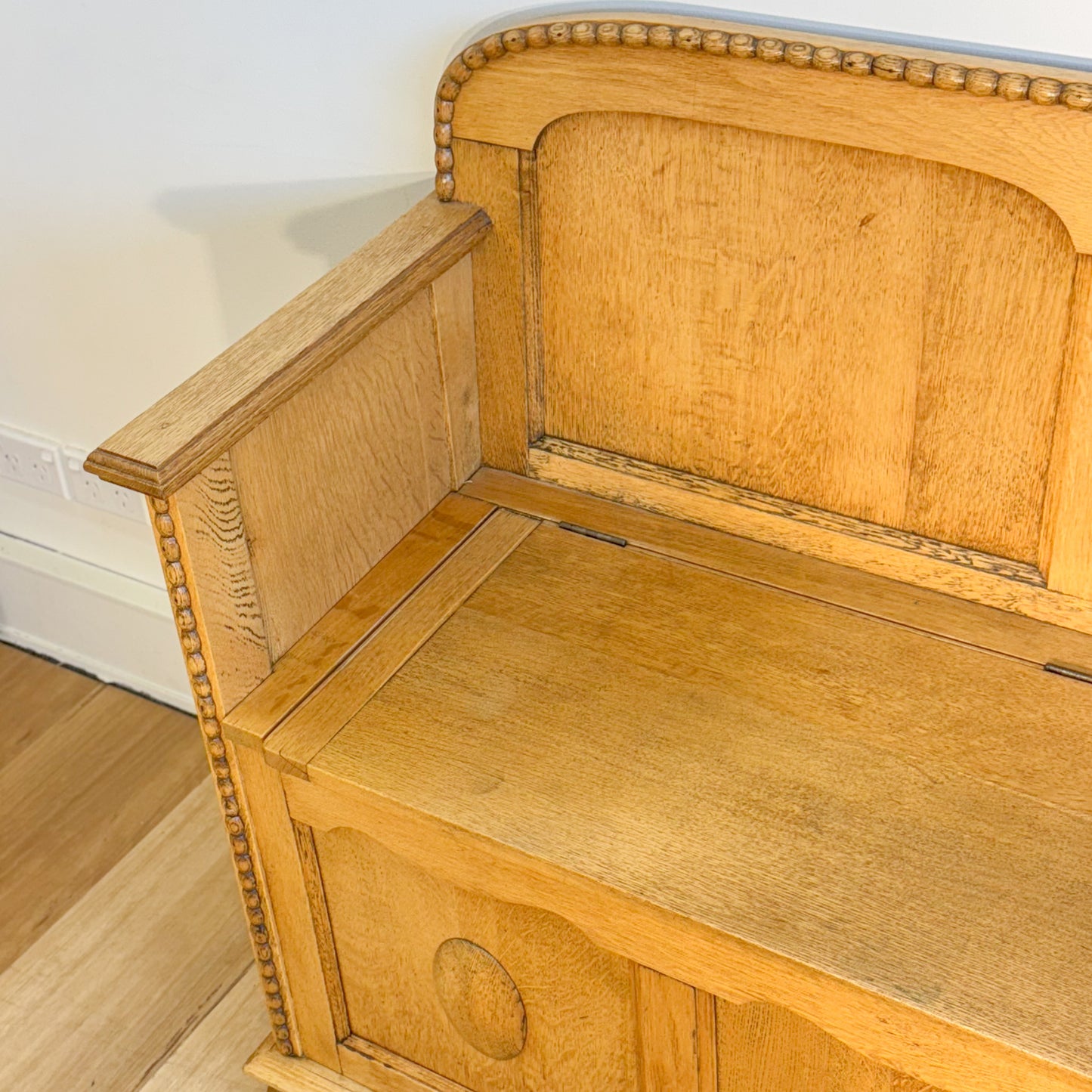 A near antique silky oak hall settee bench with storage