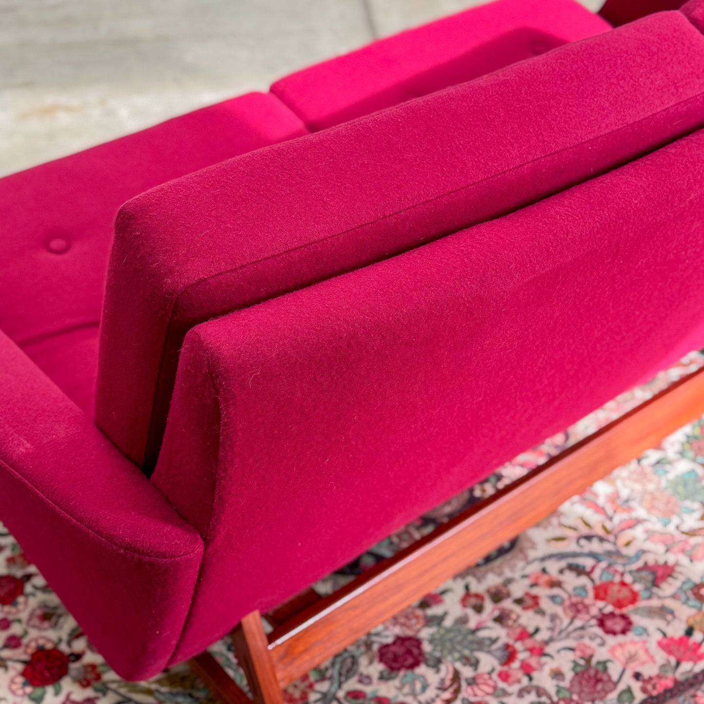 1960s Parker two seater sofa on a sleigh base with exposed dowel detail