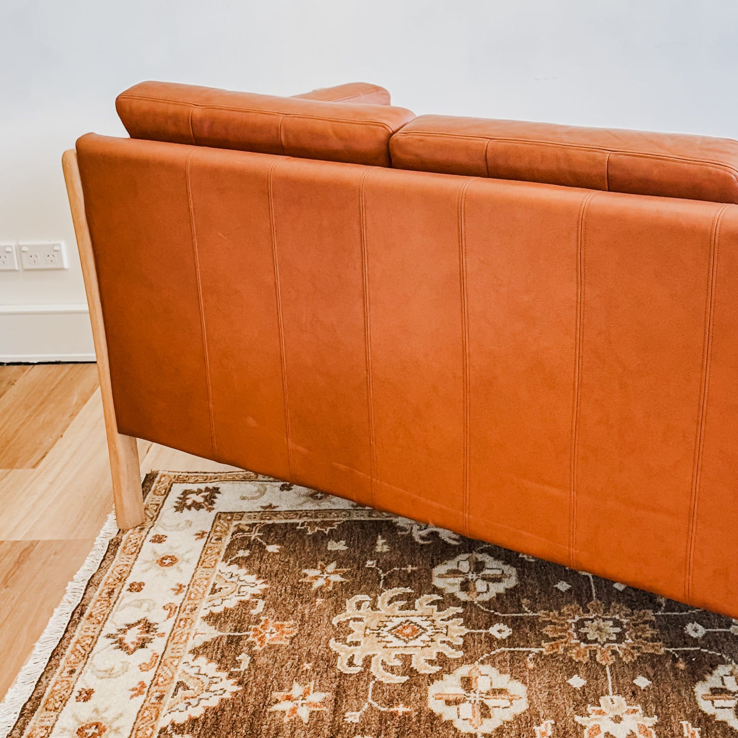 Mid Century Danish beech wood frame leather couch