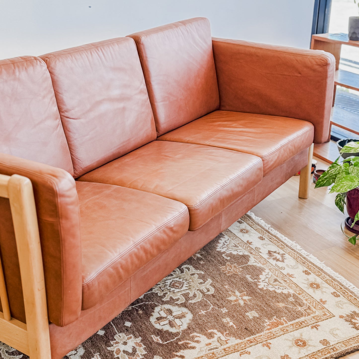Mid Century Danish beech wood frame leather couch
