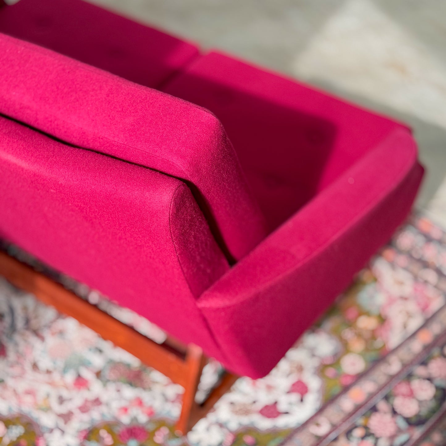 1960s Parker two seater sofa on a sleigh base with exposed dowel detail