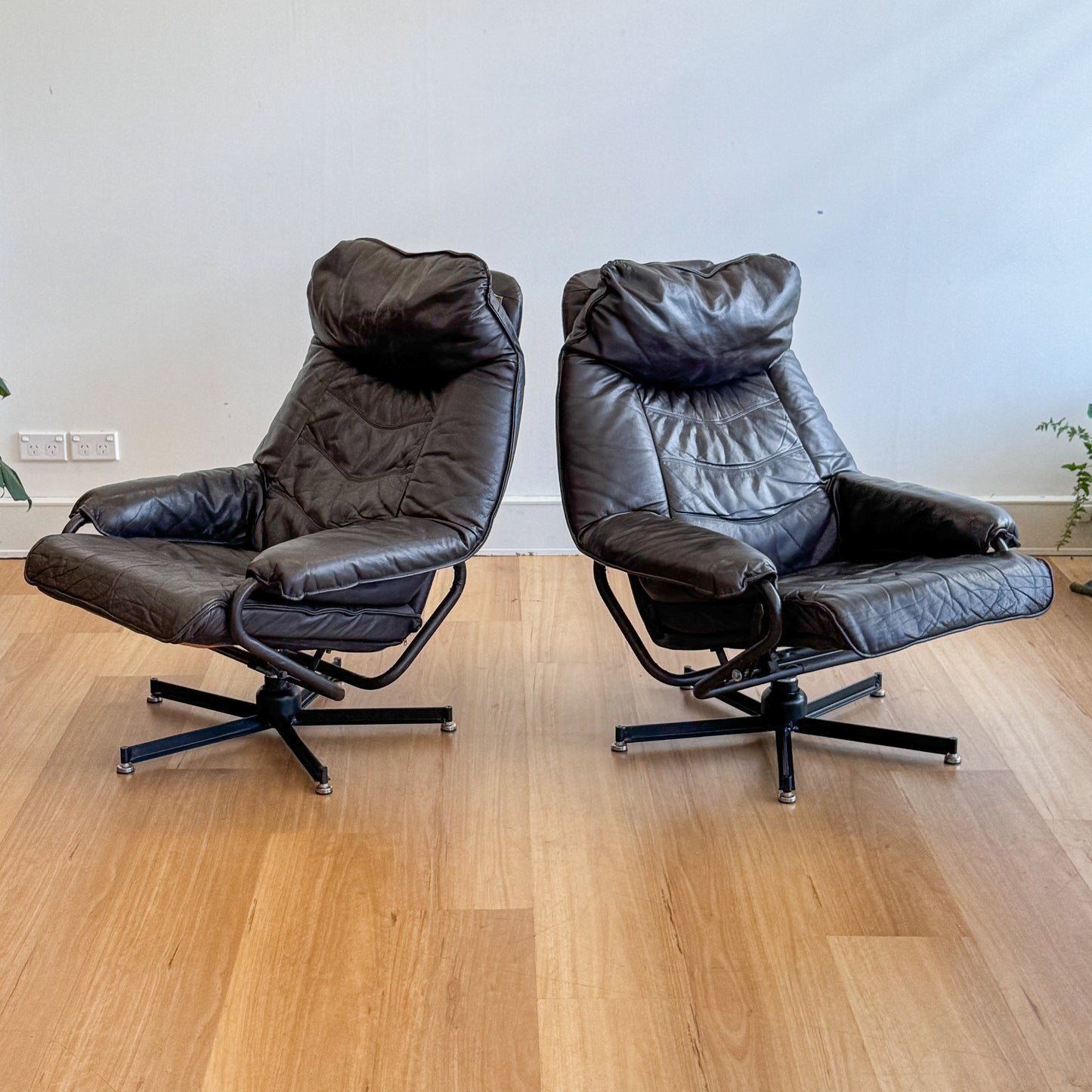 Skoghaug Industries - reclining swivel armchairs upholstered in khaki brown leather