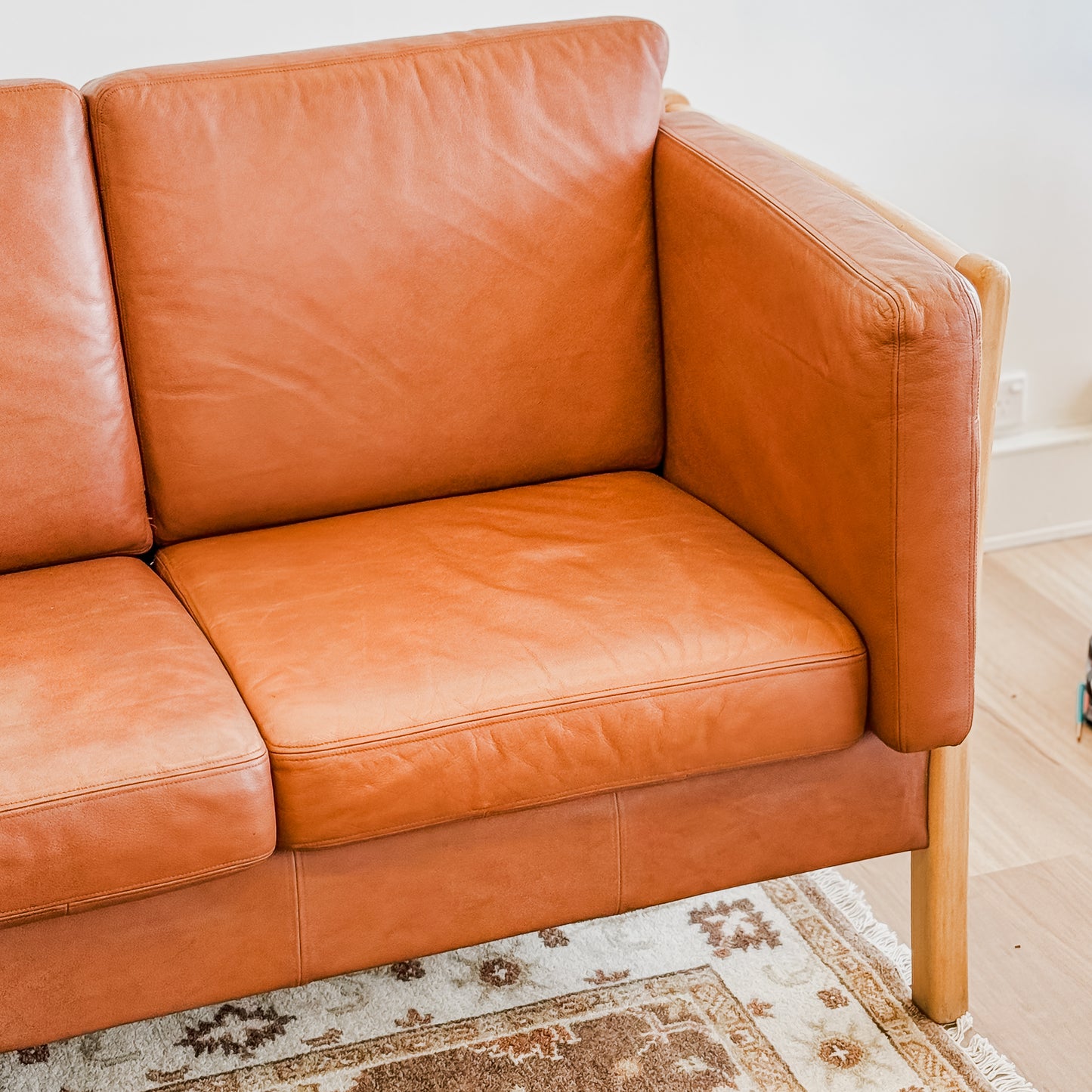 Mid Century Danish beech wood frame leather couch