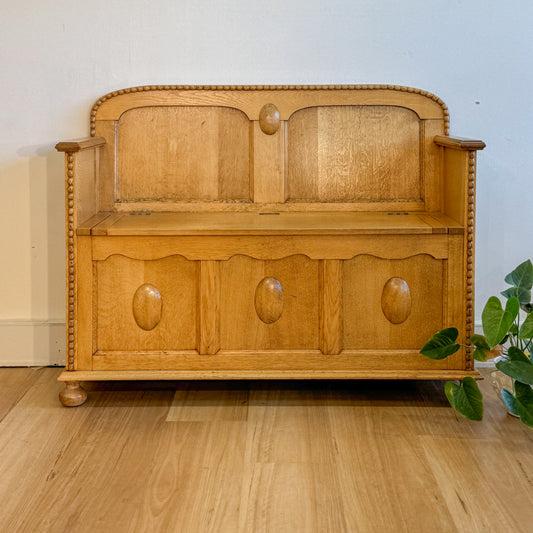 A near antique silky oak hall settee bench with storage