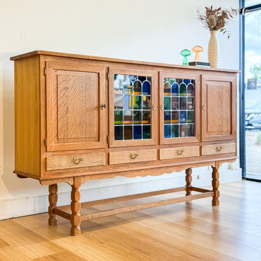 Vintage solid oak Danish leadlight sideboard