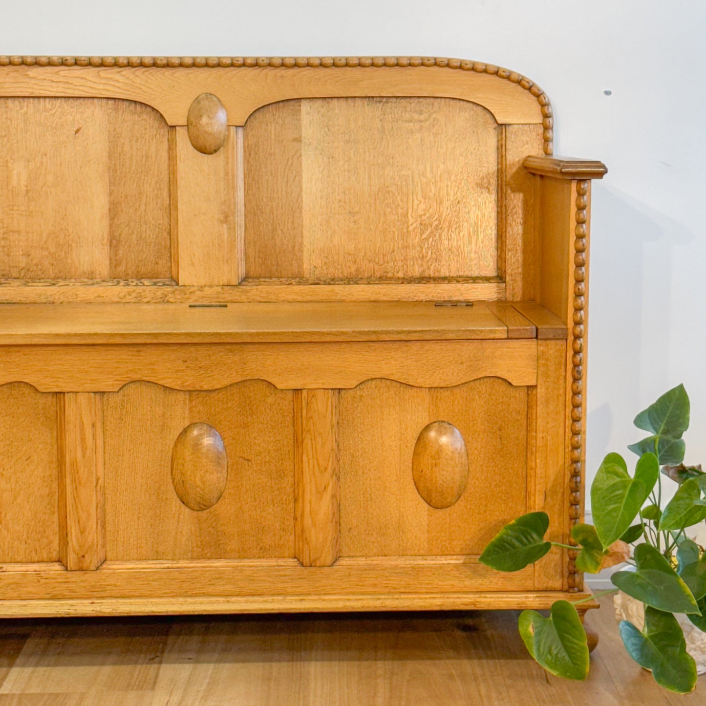A near antique silky oak hall settee bench with storage