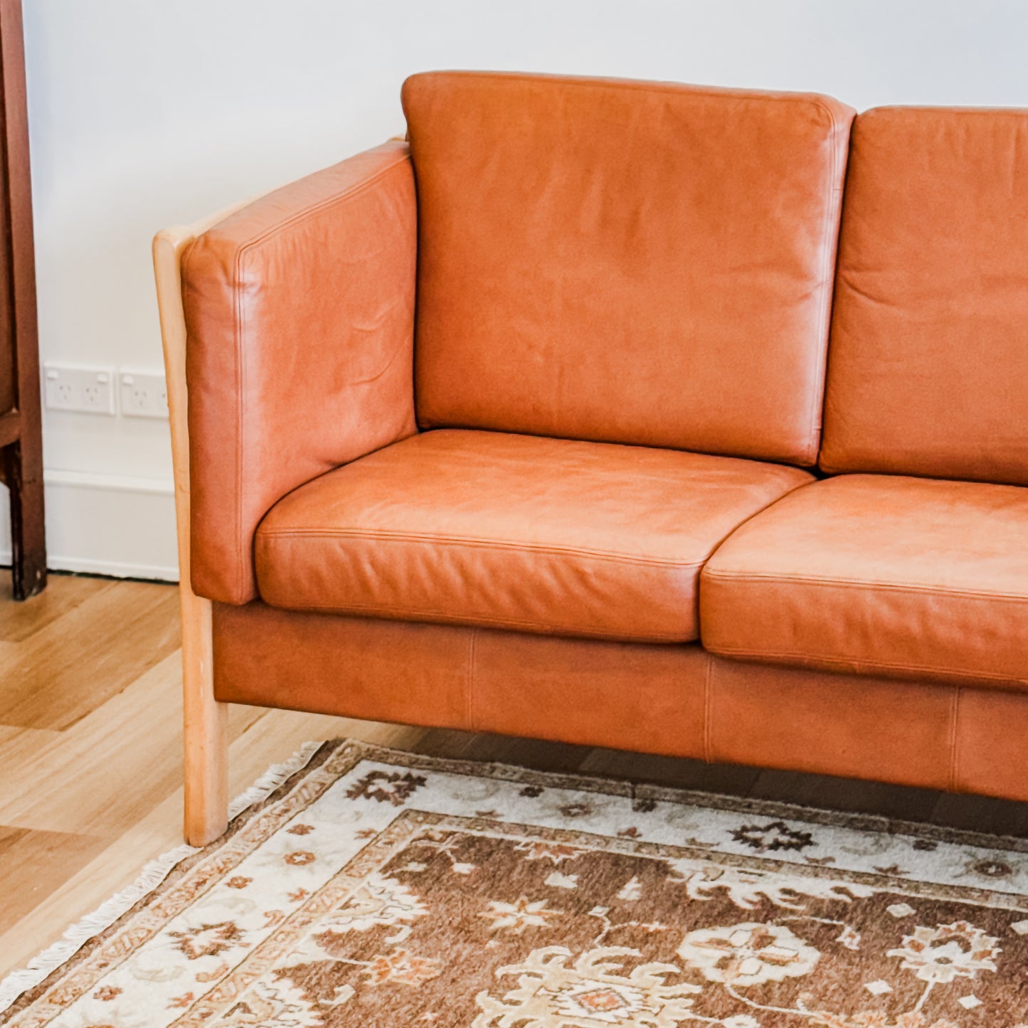 Mid Century Danish beech wood frame leather couch