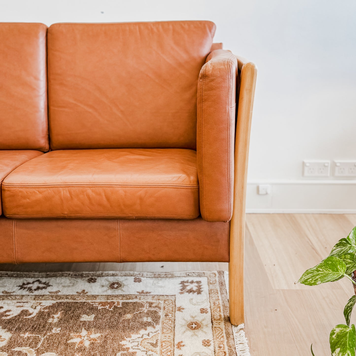 Mid Century Danish beech wood frame leather couch