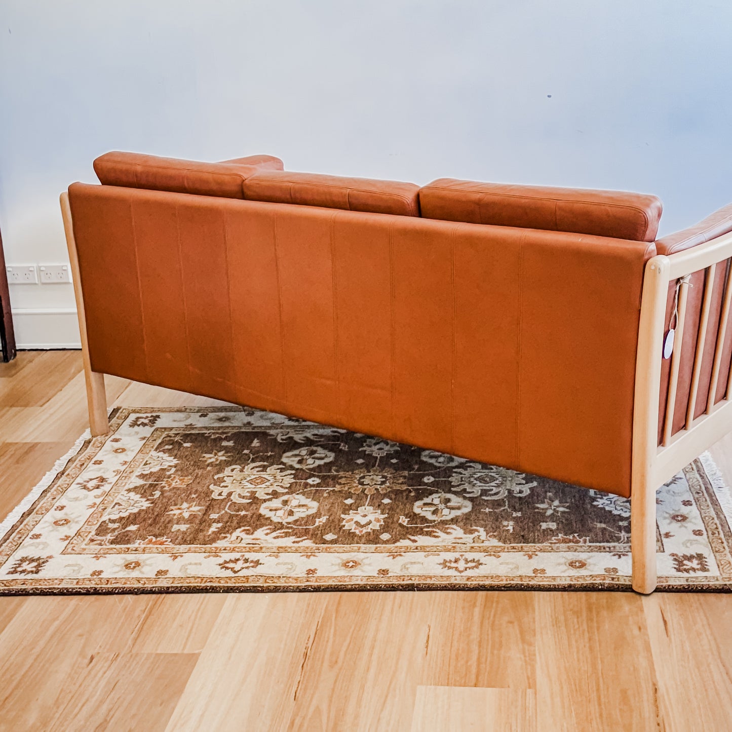 Mid Century Danish beech wood frame leather couch