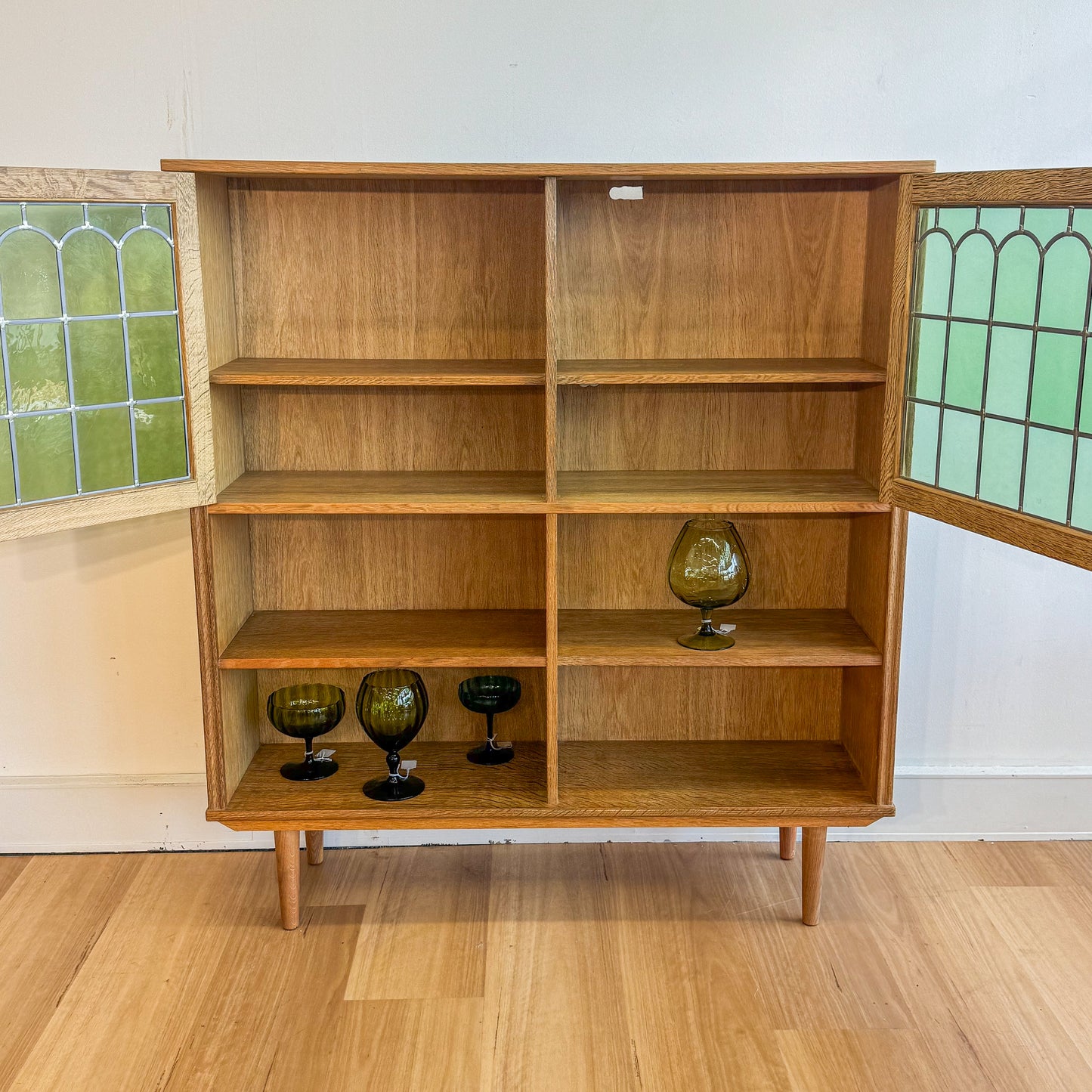 Danish Mid century Oak leadlight bookshelf