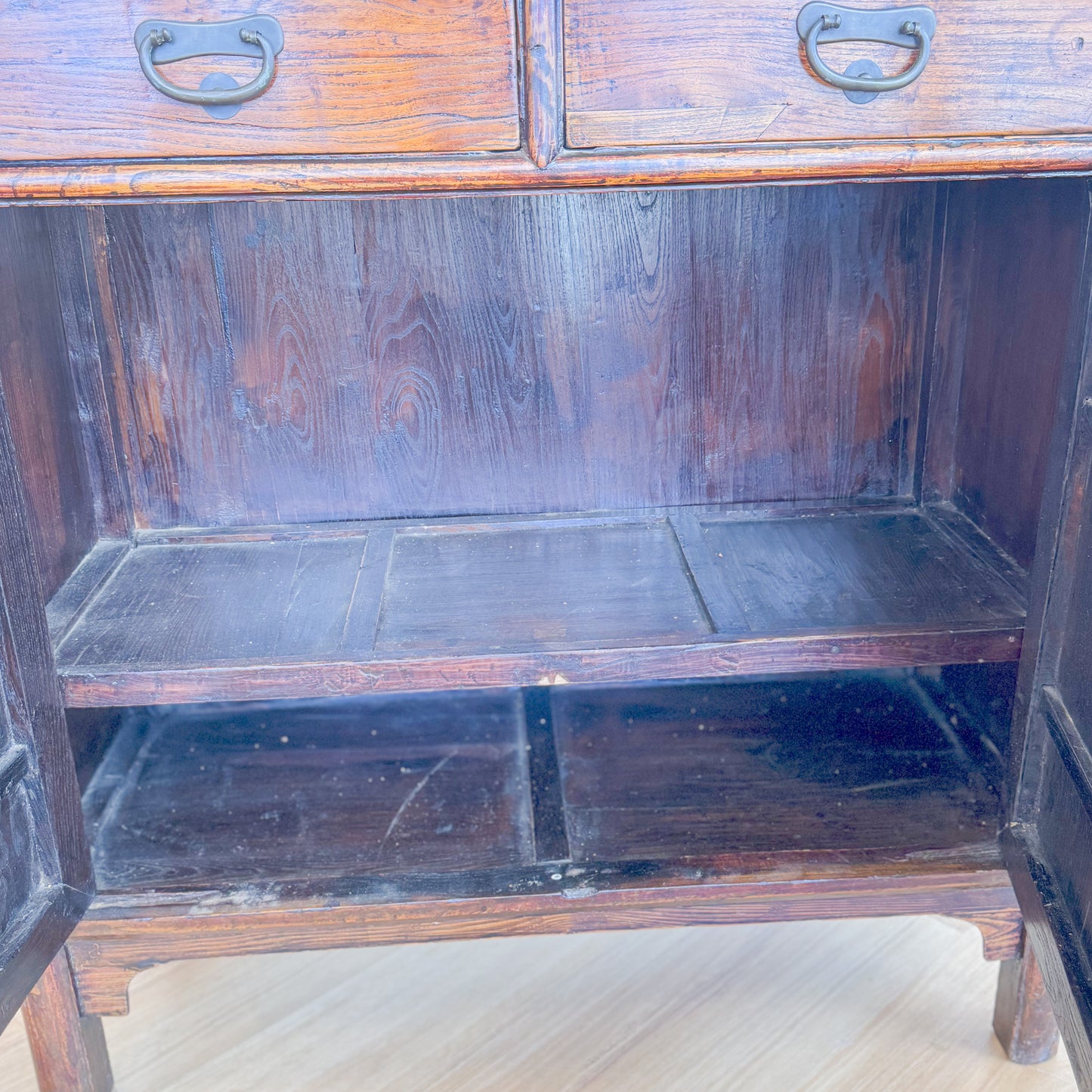 Nepalese hardwood cabinet with floral painted doors and brass fittings