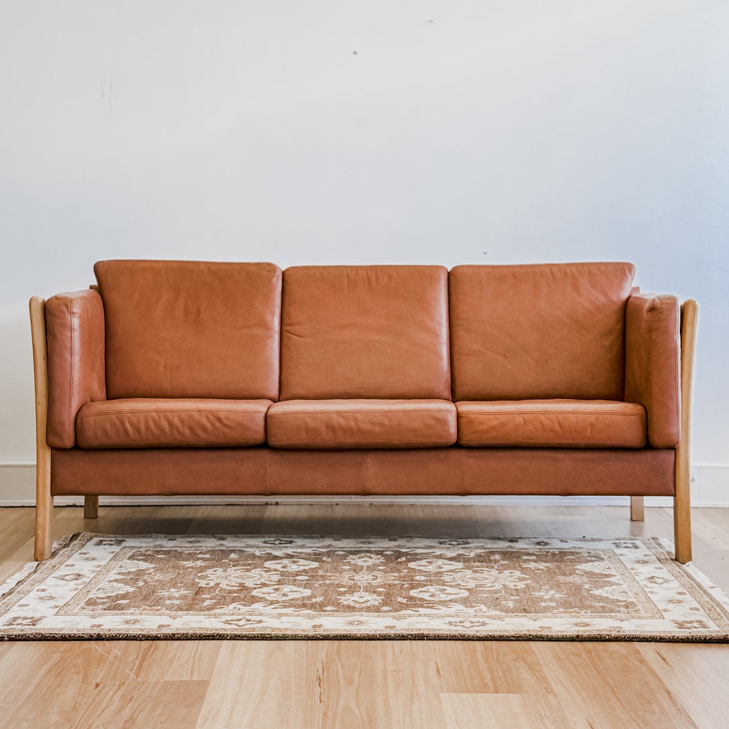Mid Century Danish beech wood frame leather couch