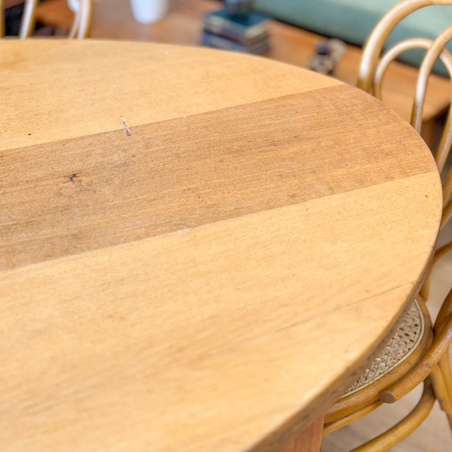 Tasmanian Oak dining table and six bentwood chairs