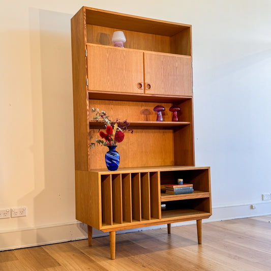 Danish tall oak bookshelf and record player storage cabinet