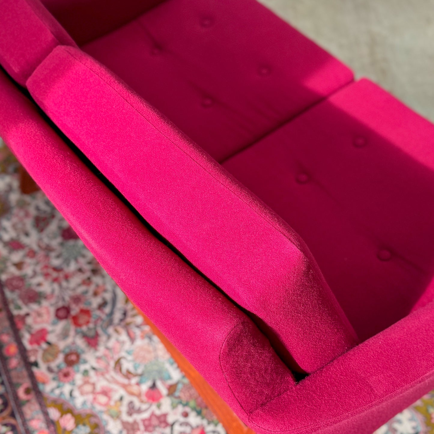 1960s Parker two seater sofa on a sleigh base with exposed dowel detail