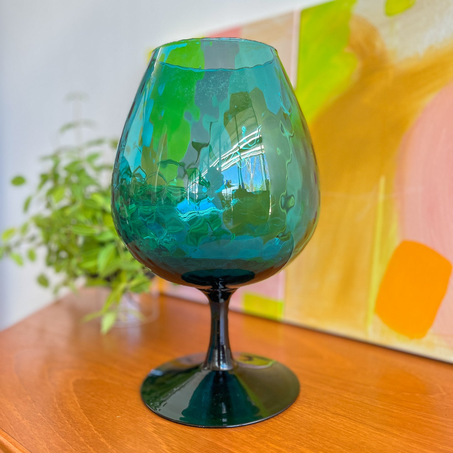 Teal hand-blown large brandy sniffer/ vase mid century glassware